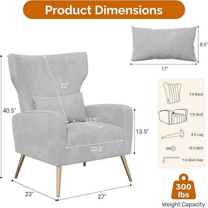 Velvet Accent Chair Wingback for Living Room High Back Arm Chair with Golden Legs Lumbar Pillow Upholstered Single Sofa Bedroom Light Gary