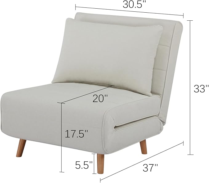 3 in 1 Upholstered Accent Chair Chenille Convertible Sofa Bed with Backrest Solid Wood Legs Convertible Couch Space Saving for Bedroom/Living Room/Home Office Easy Setup - Beige White
