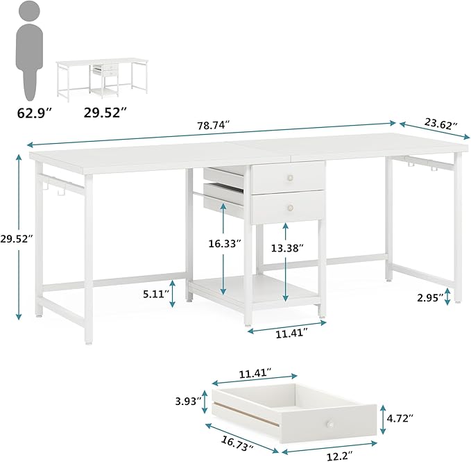 Tribesigns 79 Inch Extra Long Double Desk with 2 Drawers Two Person Computer Desk with Storage Shelves Writing Table Study Desk for Home Office White