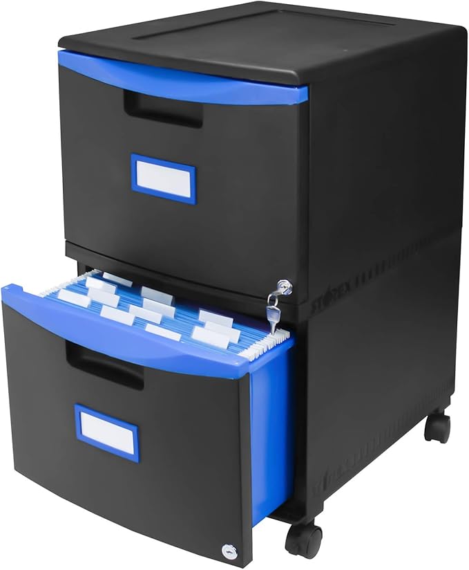 Storex Two-Drawer Mobile Filing Cabinet 2 Legal/letter-Size File Drawers Black/blue 14.75 X 18.25 X 26