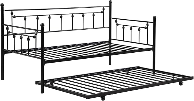Convertible Modern Twin Size Metal Daybed Couch Pull Out Trundle Sofa Bed 2 in 1 Convertible Sleeper Daybed Sofa Bed Frame for Bedroom Living Room Guest Room Office Black One Size