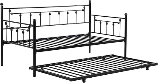 Convertible Modern Twin Size Metal Daybed Couch Pull Out Trundle Sofa Bed 2 in 1 Convertible Sleeper Daybed Sofa Bed Frame for Bedroom Living Room Guest Room Office Black One Size