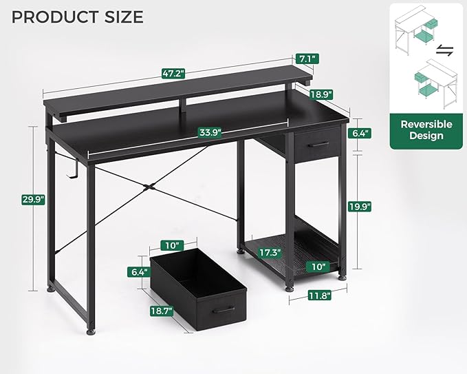 AODK Gaming Desk with LED Lights 48 Inch Computer Desk with Drawers Reversible Small Desk with Monitor Stand &amp Headphone Hook for Home Office Black