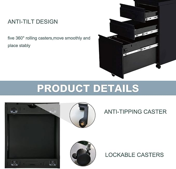 Yiguo 3-Drawer Mobile File Cabinet with Lock Rolling Office File Cabinet Under Desk Metal Filing Cabinet with Wheels for Legal Letter A4 File Size (Black)