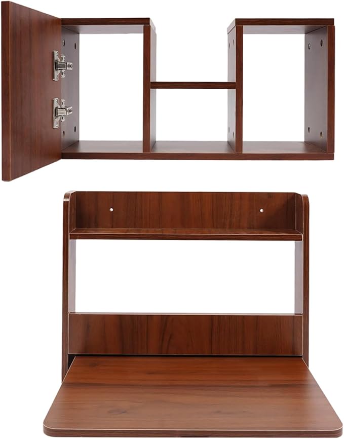 Wall Mounted Desk Fold Down Laptop Computer Table Floating Desk with Storage Compartments for Home Office Study Space Saving (Walnut Color)