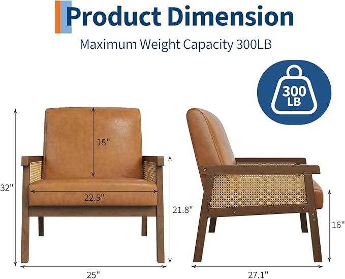GAOMON PU Leather Accent Chair Rattan Armchair with Wooden Armrest and Legs Modern Lounge Chair for Living Room/Bedroom/Reading Room/Waiting Room Brown