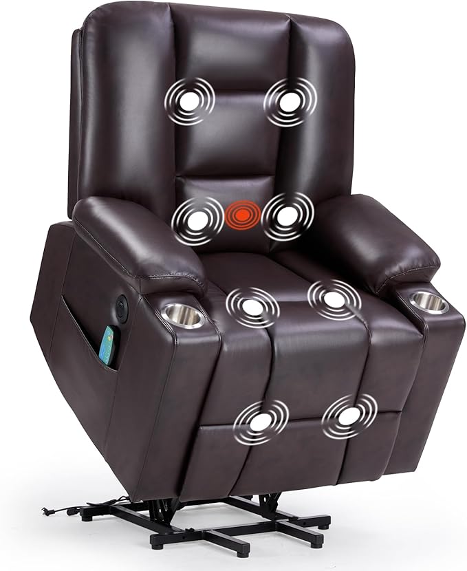 Power Lift Recliners with Massage and Heat for Elderly Electric Lifting Recliner Chair with Cup Holders &amp USB Port Faux Leather Reclining Sofa with Side Pocket for Living Room Brown