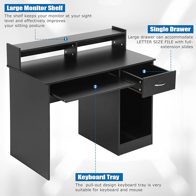 PayLessHere Office Desk Computer Desk with Drawers Keyboard Tray 43 Study Writing Desks for Home with Storage Shelves Desks &amp Workstations