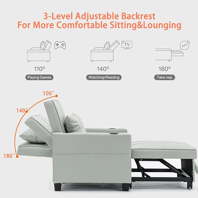 Modern Convertible Sleeper Sofa Bed 3-in-1 Adjustable Futon Couch with Storage &amp Removable Armrests for Apartment Studio Office Small Spaces (Green)