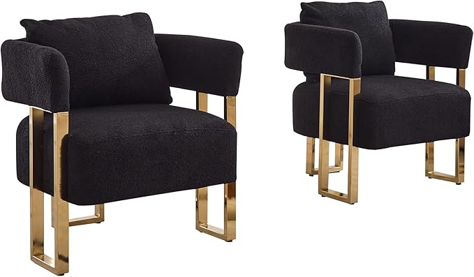 Oversized Black Teddy Accent Chair Modern Barrel Chair with Gold Legs Metal Frame Upholstered Armchair for Bedroom Living Room Sofa Chair Club Side Chairs Home/Business (Set of 2 Black)