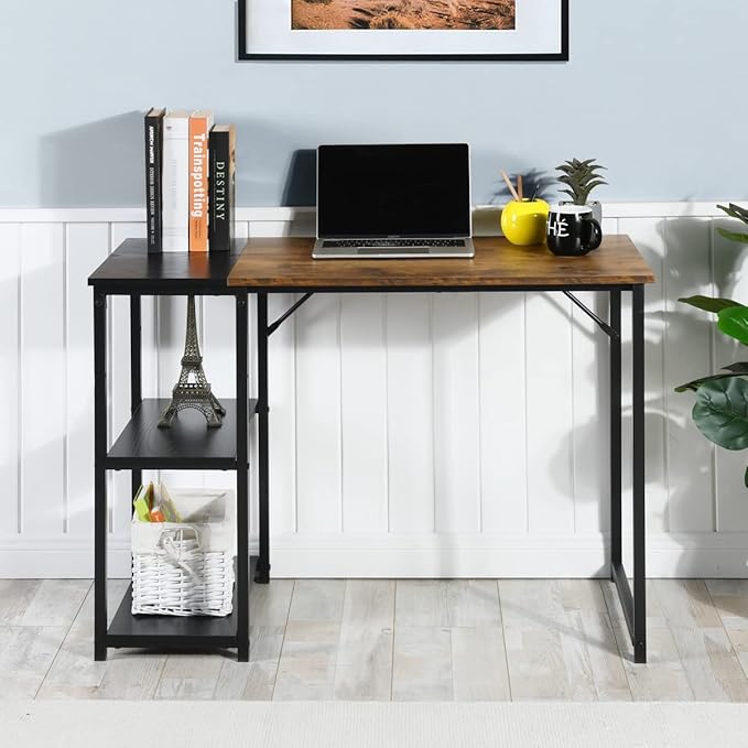 Black Brown Wood Top Contemporary Writing Table with 2 Storage Shelves for Home Office Study Computer Desk L39.3 x W18.9 x H29.1