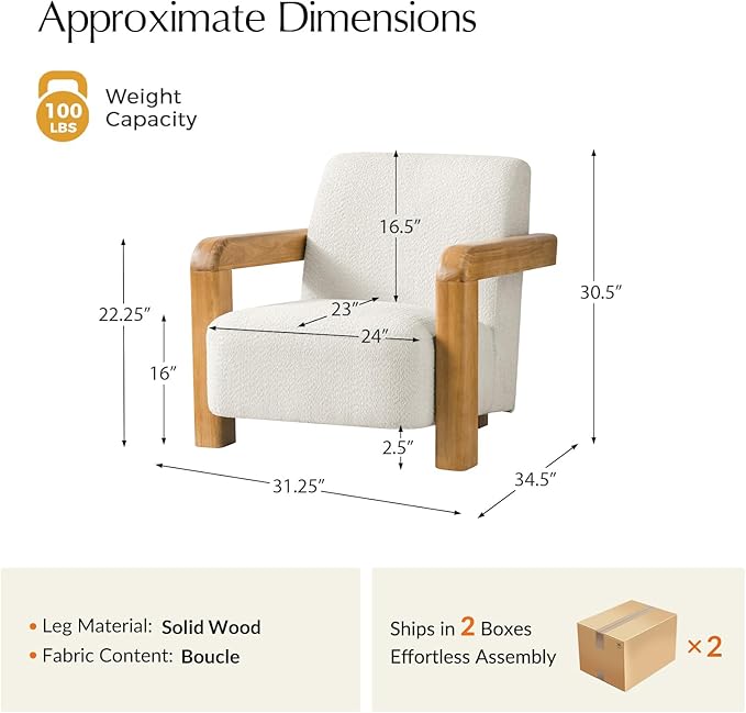 HULALA HOME Boucle Accent Chair Modern Low-Profile Leisure Armchair with Thick Padded Seat Cushion Solid Wood Frame &amp Curved Armrests Ideal for Living Room/Bedroom/Reading Corner(Beige Set of