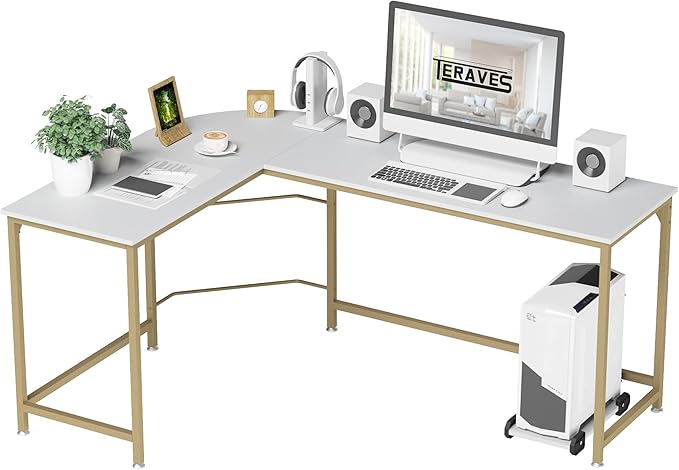 Teraves Reversible L Shaped Desk White - 57.9 Corner Gaming Computer Desk Office Workstation Modern Home Study Writing Wooden Table