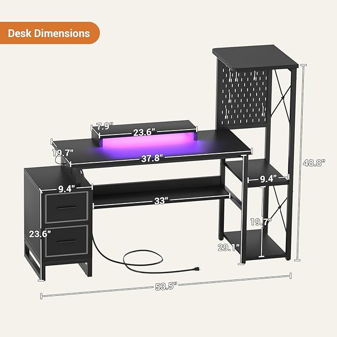 Computer Desk with 2 Fabric Drawers - Reversible Home Office Desk with Power Outlet &amp LED Lights 53 Writing Desk with Monitor Stand &amp Storage Shelves Gaming Desk Study Table with Pegboard