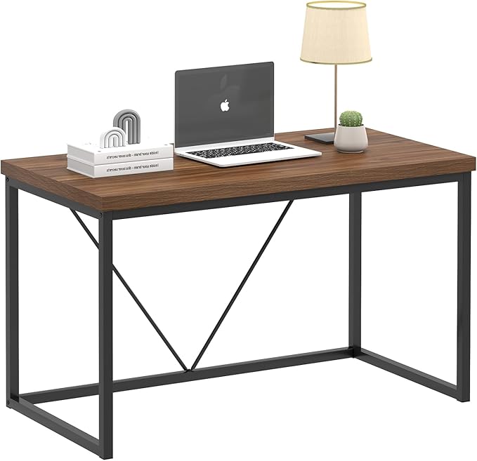 FOLUBAN Modern Office Desk Rustic Wood and Metal Computer Desks Industrial Study Writing Table Simple Work Gaming PC Desk for Bedroom Living Room Walnut 47 Inch