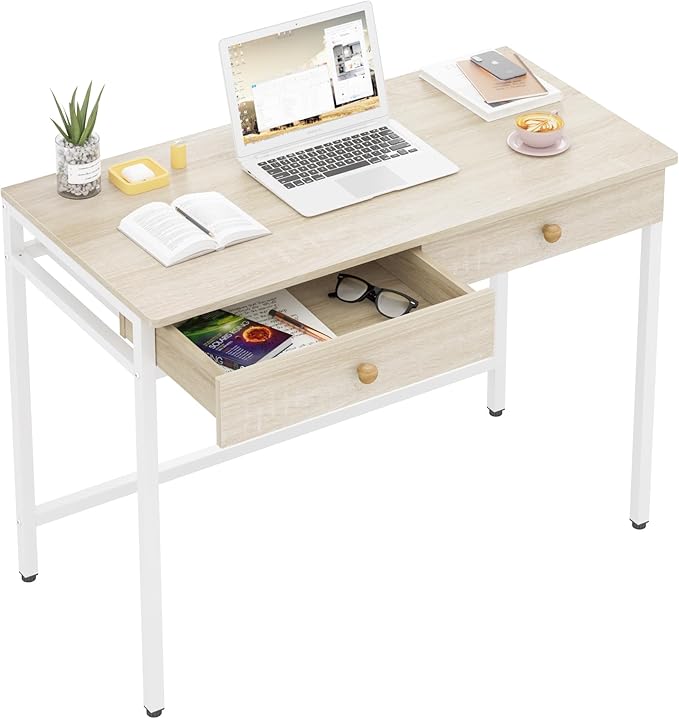 Weehom Computer Desk with Drawers Home Office Desk for Writing Studying and Gaming - Sturdy and Spacious Workstation for PC and Laptop(Beige)