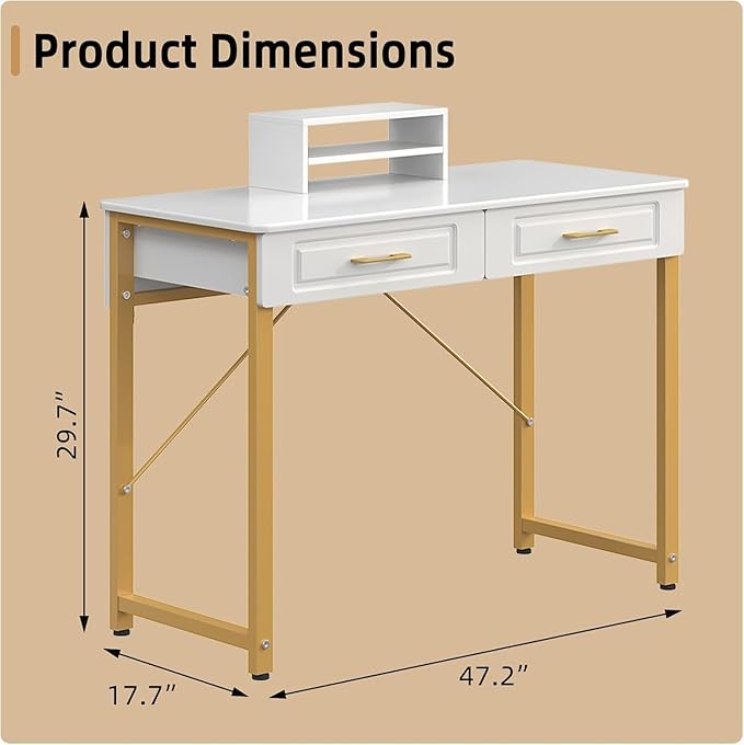 WESTREE 47.2 White and Gold Desk with 2 Drawers and Storage Shelf Modern Makeup Vanity with Glossy Desktop Gold Metal Frame Writing Desk for Bedroom or Home Office No Mirror