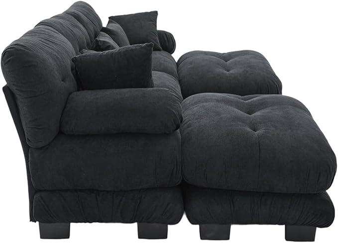 118 Oversized U Shaped Sectional Couch with 2 Ottomans Pelletized Velvet Cloud Couch with Bolster Armrest Pillows 3 Seater Comfy Sofa Modular Couches for Living Room (Black 118+2 Ottoman)