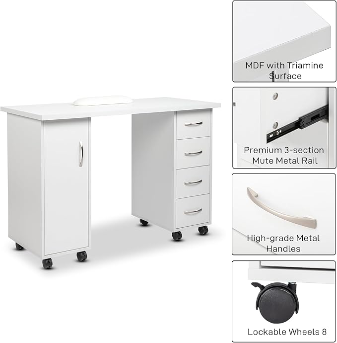 Vasitelan Computer Desk with WheelsHome Office Desk with 4 Drawers &amp Storage Cabinet Laptop Workstation for Home &amp Office SuppliesWhite