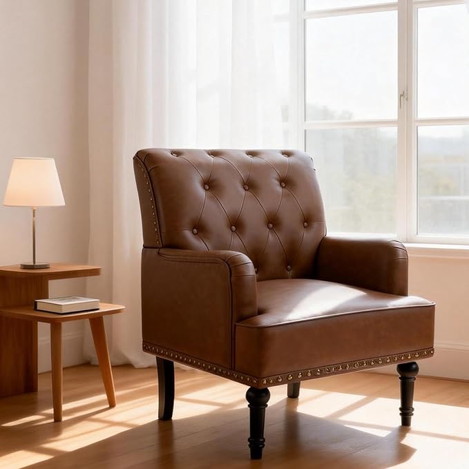 MOJAY Faux Leather Accent Chair Mid-Century Armchair Living Room Sofa Chair with Rubber Wood Leg Club Chair with Rivet Trim for Bedroom Reading Room Reception (Brown)