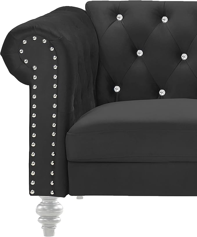 New Classic Furniture Glam Emma Velvet Three Seater Chesterfield Style Sofa for Small Spaces with Crystal Button Tufts Black