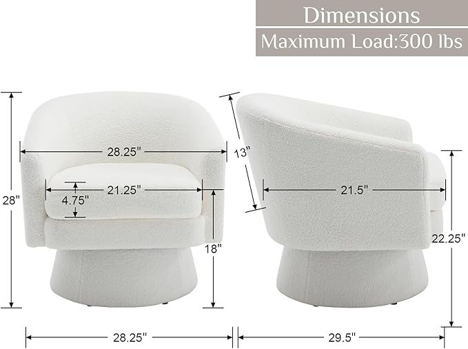 Modern White Swivel Accent Chair Set of 2 Upholstered Sherpa Barrel Chair Boucle Vanity Reading Chair Cozy Round Single Sofa Arm Chair Club Side Chairs for Bedroom/Waiting/Living Room