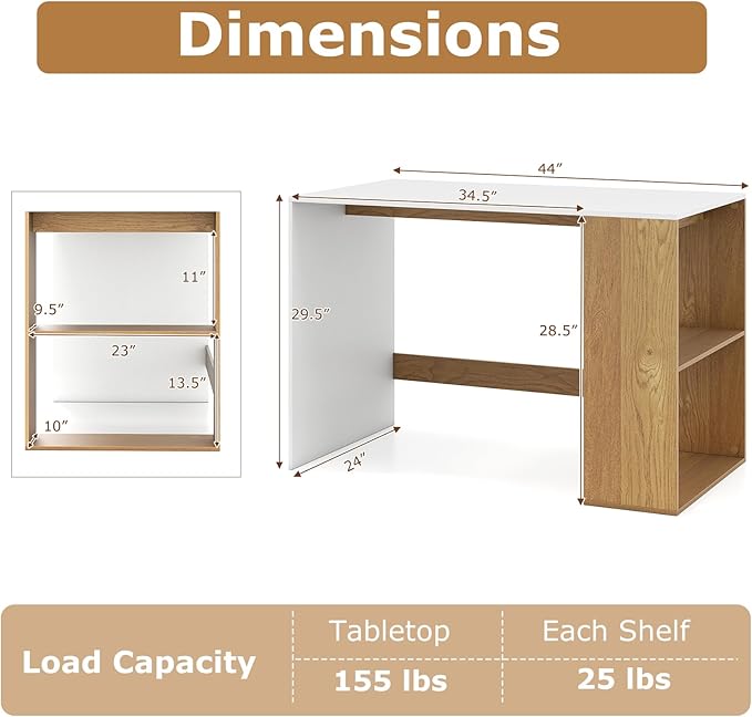Giantex Small Desk with Bookshelf 44 Inch Modern Computer Desk for Small Spaces Laptop PC Desk Vanity Table for Bedroom Study Writing Desk for Home Office (White+Natural)