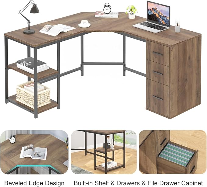 LVB Rustic L Shape Computer Desk with File Cabinet Reversible Corner L-Shaped Desk with Drawers Storage Shelf Modern Large Wood L Shaped Work Study Writing Gaming Desk Table for Home Office 60 in