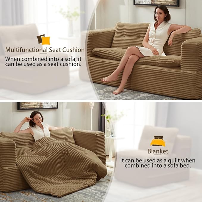 Folding Convertible Sectional Sofa Bed Corduroy Floor Couch Loveseat Lounge Chaise for Office Apartment80 King Size BedCamel