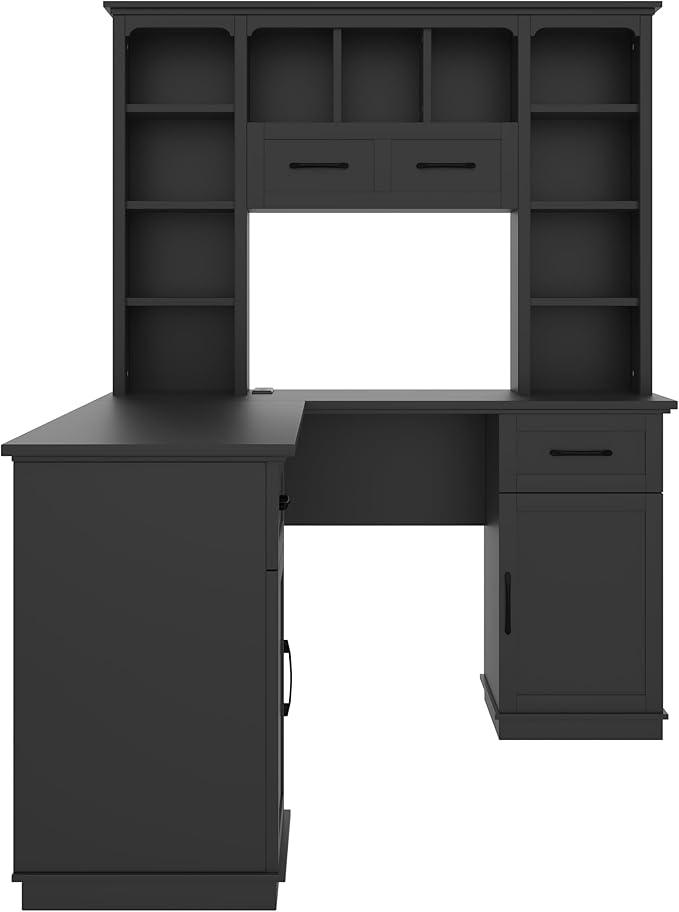 L-Shaped Executive Desk Writing Desk Office Study Workstation with Storage Cabinets and Bookcases Wood Home Office Computer Desk for Living Room Study Room (Black-11.8)