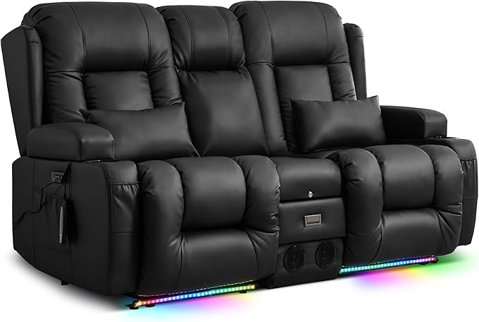 TUNYI Power Loveseat Recliner Sofa with Massage &amp Heat Home Theater Seating with Console RV Recliner Loveseat Sofa with USB/Storage/Side Pocket/LED Light/Speaker (Black Loveseat)