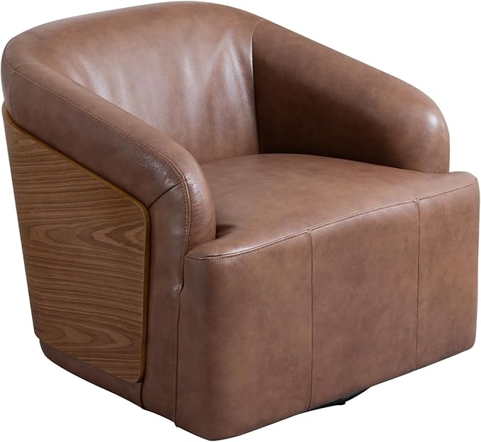 Genuine Leather Swivel Accent Chair Swivel Barrel Chair Comfortable Mid Century Modern Chair Upholstered Metal Base Armchair for Living Room Bedroom Office Large Vintage Brown