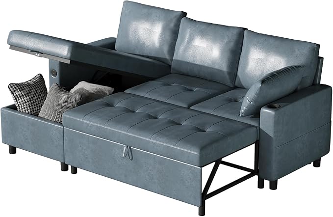 Esright Sleeper Sofa Bed 3-in-1 Pull Out Couch with Reversible Chaise Leather Sleeper Sofa with Storage USB Cup Holder Pullout Sectional Couches for Apartment Living Room Blue