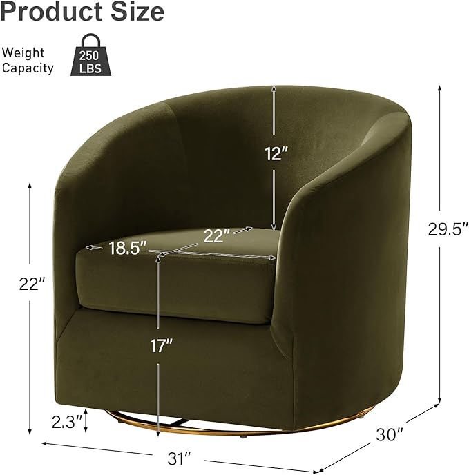 HULALA HOME Swivel Accent Chair with Gold Metal Base Contemporary Velvet Curved Swivel Barrel Chair Upholstered Club Armchair Leisure Single Sofa for Living Room Nursery Bedroom(Moss)