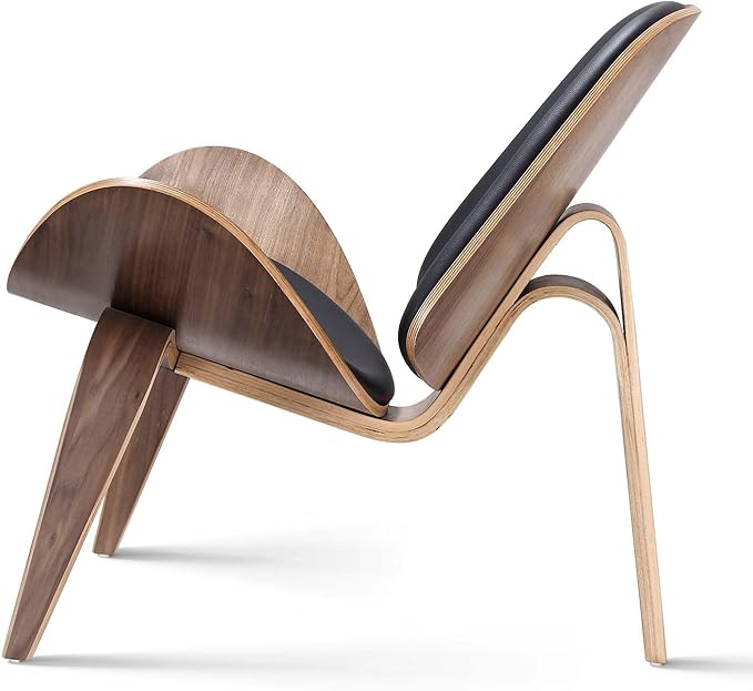 Mid Century Modern Shell Lounge Chair PU Leather Tripod Plywood Classic Design Solid Wood Accent Chairs for Living Room Reading Lounge Office Salon