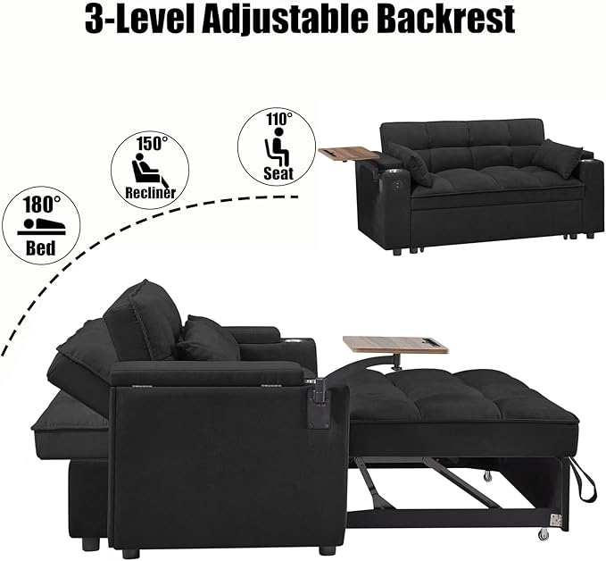 65'' Convertible Sleeper Sofa Bed with Adjustable Backrest Chaise Lounge Side Table &amp USB/Type-C Ports – Stylish &amp Functional Addition to Any Living Room (Black)