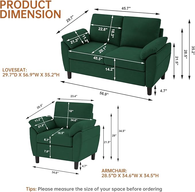 2-Piece Sofa Couch (Loveseat and Chair Set) Modern Sectional Sofa Sets with Wide Arms &amp Side Pockets Modern Comfy Small Couch Set for Living Room Green