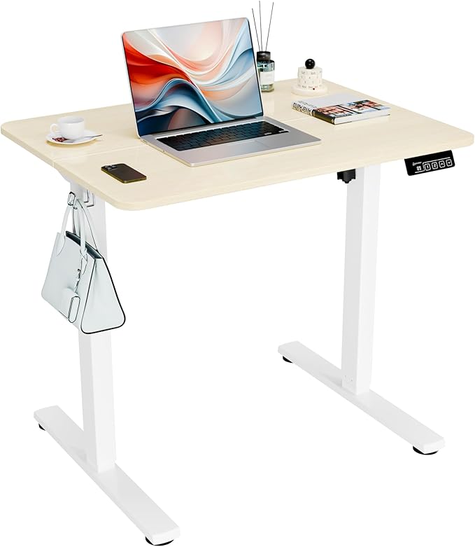 ERGOMAKER Electric Standing Desk 31.5 x 23.6 Height Adjustable Sit Stand Desk with Splice Board for Home Office Computer Desk Memory Preset (White Frame Gold Oak Desktop)