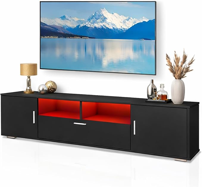 63 Inch Black TV Stand with 16-Color LED Lights Classic Modern Entertainment Center with Horizontal Drawer &amp Side Cabinets for TVs up to 75 Inches Wood Media Console