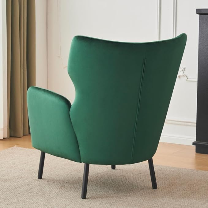 Chair reclinerWingback Velvet Accent Chair Modern Upholstered Armchair for Living Room Bedroom and Reception Area Comfortable Single Sofa Chair with Metal Legs and Pillow (Green + Velvet)