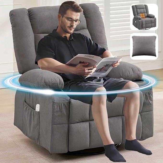 Oversized Swivel Rocker Recliner with Throw Pillow for Adult Kneading Massage Recliners Chair with Heat | USB | Cup Holders Gray Nursery Recliner Chair for Living Room Bedroom (Normal Grey)
