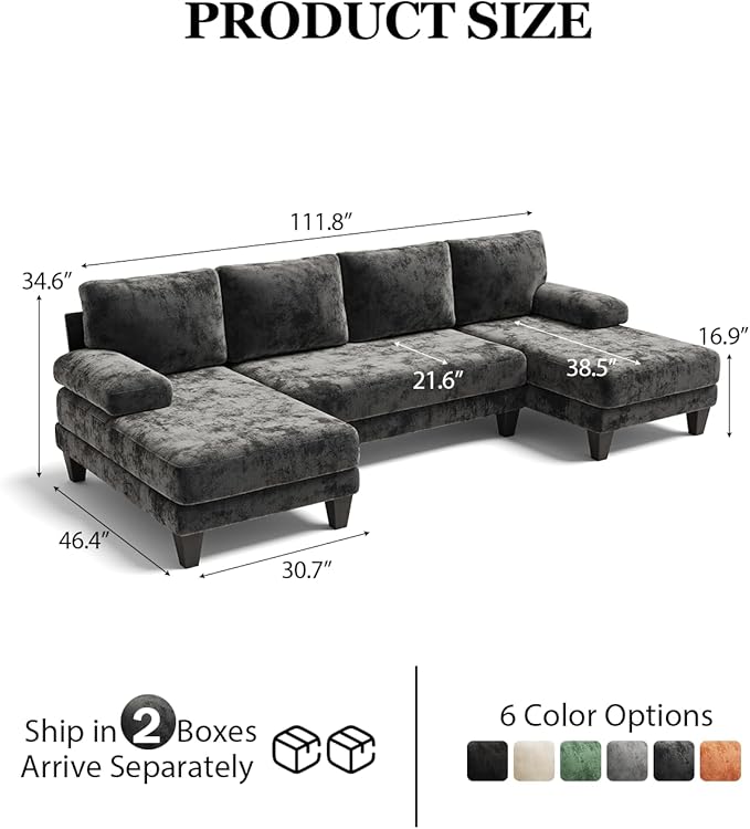U-Shaped Sectional Couches for Living Room | 112 Inch Modern Sectional Couch | Dark Grey Chenille Sofa with Double Chaise for Apartment