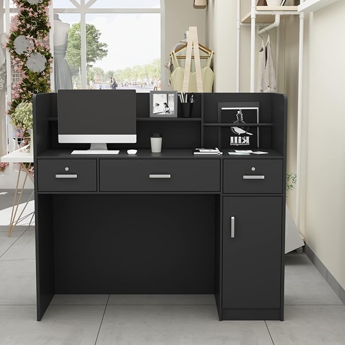 Homsee Modern Reception Desk with 3 Drawers 1 Door Storage Cabinet &amp Hutch Shelf Office Wooden Computer Desk Writing Study Table PC Laptop Desk Black (47.3 L x 18.3 W x 43.3 H)