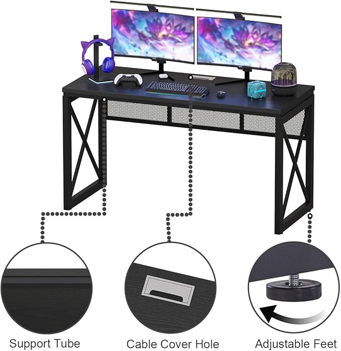 BON AUGURE Black Computer Desk Modern Gaming Desk Industrial Wood Office Desks Sturdy Writing Desks for Home Office Living Room Study Workstation Bedroom (Black 54 Inch)