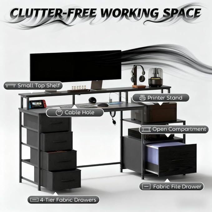 66.9'' Gaming Desk with 4 Fabric Drawers &amp File Cabinet Modern Computer Desk with Power Outlets and LED Lights Home Office Desk PC Desks for Home Office Study (Black)