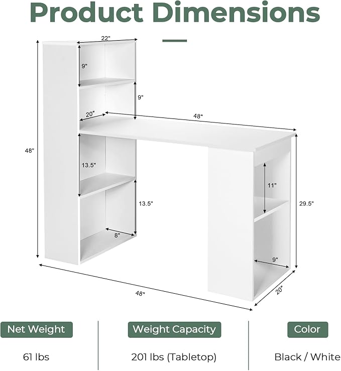 GRAFFY Computer Desk with 6 Storage Shelves - 48 Reversible Writing Desk Workstation with Bookshelf and CPU Stand Modern Compact Office Desk for Bedroom Study Home Office (White)