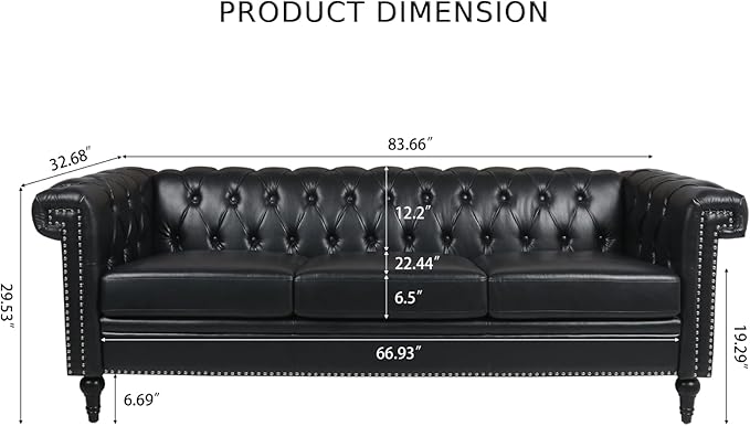 PU Leather Chesterfield Sofa 84'' Modern 3 Seater Couch Furniture with Square Arms and Wood Legs for Living Room Bedroom Apartment(Black)
