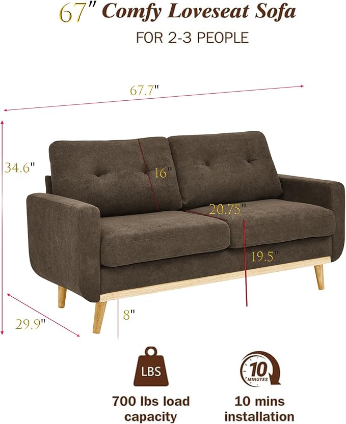 65 W Brown Loveseat Sofa Mid Century Modern Love Seat Couches for Living Room Button Tufted Upholstered Small Couch for Bedroom Solid Wood Legs and Easy to Install Love Seats Furniture (Brown)