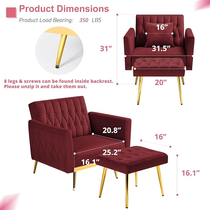 Velvet Accent Chair with Adjustable Armrests and Backrest Button Tufted Lounge Chair Single Recliner Armchair with Ottoman and Pillow for Living Room Bedroom Red