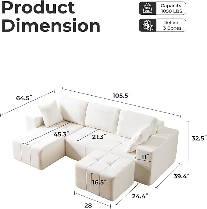 105 Cloud Modular Sectional CouchChenille Boneless Couches with Deep SeatUpholstered U-Shape Sofa with Chaise Sectional Couch with Ottoman No Assembly Required (Beige Left Facing Chaise)